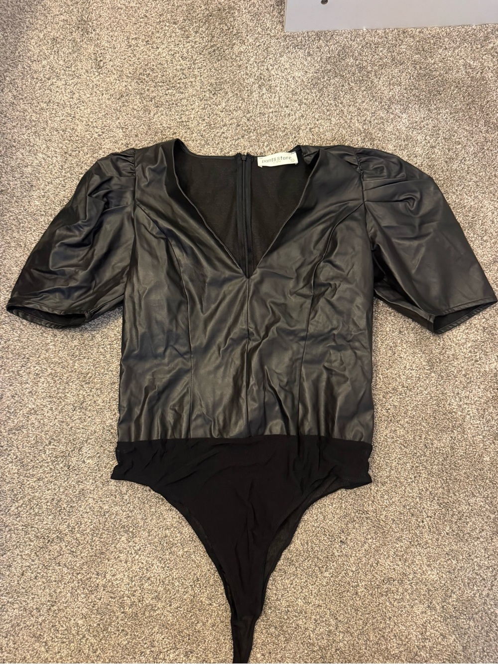 Faux Leather Black Puff-Sleeve Bodysuit - Unknown Brand